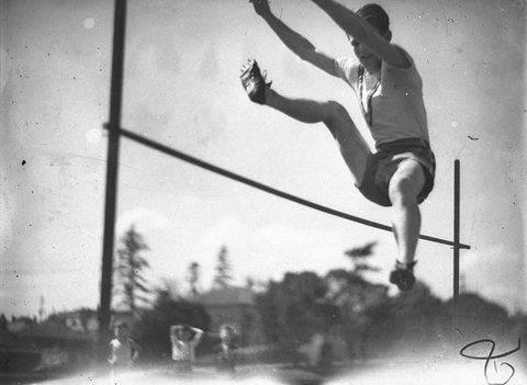 Christian Brothers High School Lewisham sports Schoolboy high jumper clears the bar, 1934
