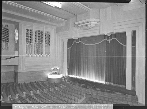 Cinema curtain Wurlitzer and stalls on the opening night of the Savoy Theatre Hurstville, 1937