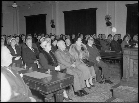 Civic reception for Governor General Sir William Lady Slim with Mayor Ald F Purdue Mrs Purdue and Town Clerk W Burges Mrs Burges, 1954
