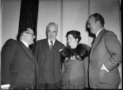 Civic reception to Professor Arnold Toynbee British historian and Mrs Toynbee centre with Lord Mayor Ald McDougall left and Prof Auchmuty, 1956