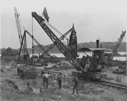 Clearing site for Harbour Bridge workshops Dorman Long Co where the English steel plates were cut drilled and assembled Later site of Luna Park, c. 1930