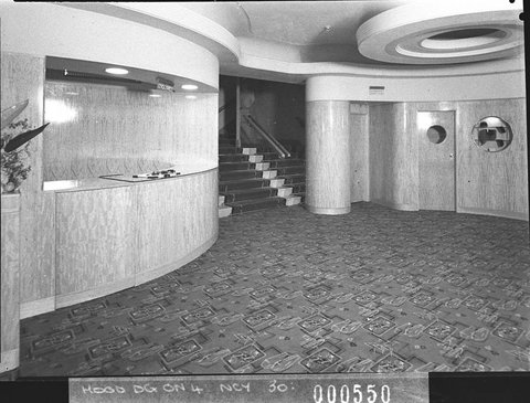 Cloakroom and entrance foyer Romanos Restaurant taken for Building Publishing Co, 1939