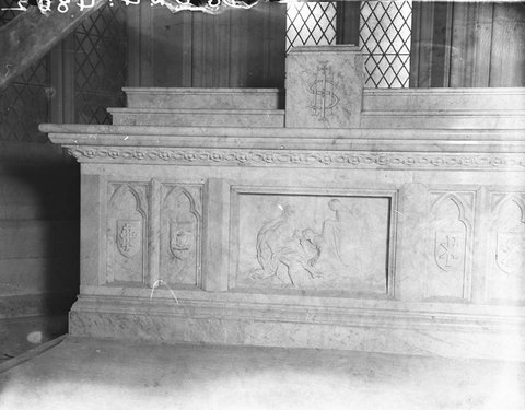 Closeup of carved altar, c. 1934
