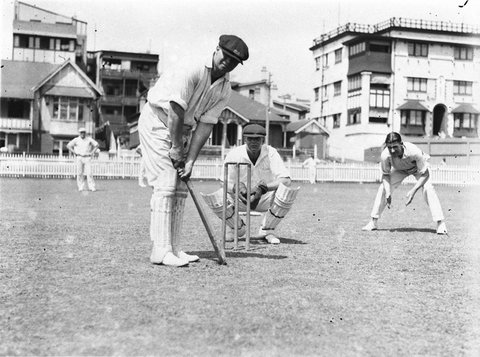 Cricketers at the wicket The batsman has VPCA on his cap, 1930s
