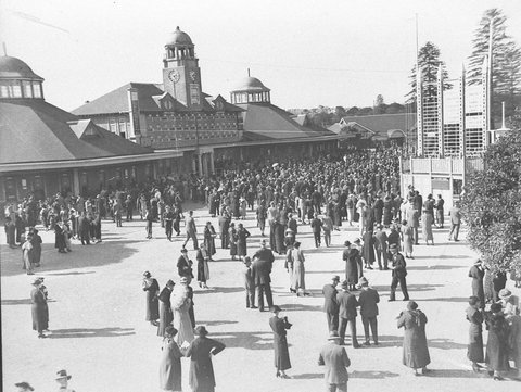 Crowds in front of the totalisator board in Paddock enclosure, c. 1935