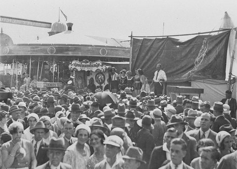 Crowds outside the sideshows, 1930s
