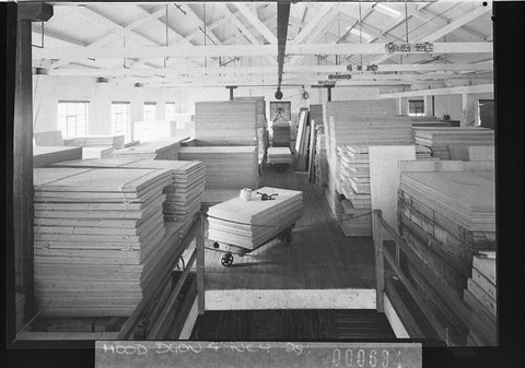 D Hardy Sons Pty Ltd interior showing stacks of timber panels, 1938