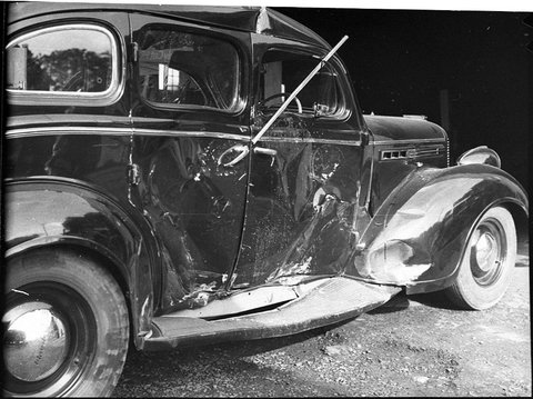 Damaged car reg no HR777 at Glebe, 1946