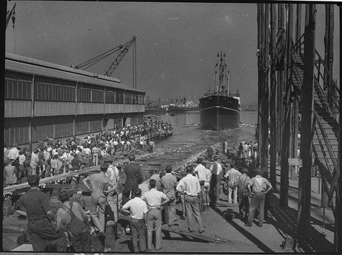 Dockyard launching of Warringa, 1953