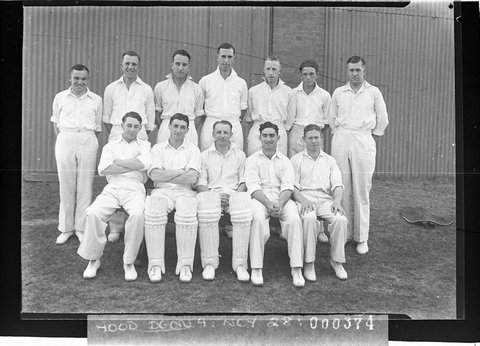 Don Bradman in middle front row of the BardsleyGregory cricket team, 1930s