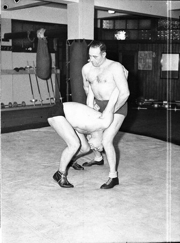 Don Noland and Glen Wade at Withrows gym taken for Stadiums Ltd, 1937