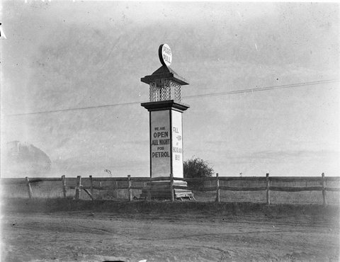 Dummy petrol pump to advertise Purr Pull petrol on the Bathurst road for Horan Brothers garage, 1925–57