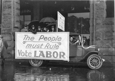 Election posters on old Chevrolet truck The people must rule vote Labor, 1934