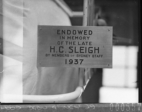 Engraved brass plate Endowed in memory of the late HC SLEIGH by members of the Sydney Staff 1937, 1938