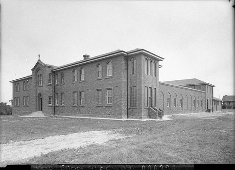 Exterior of unidentified ecclesiastical institution building, 1937