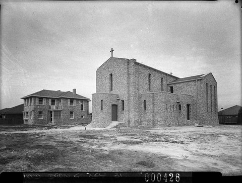 Exterior newly built Catholic Church at Northbridge taken for Building Publishing Co, 1942