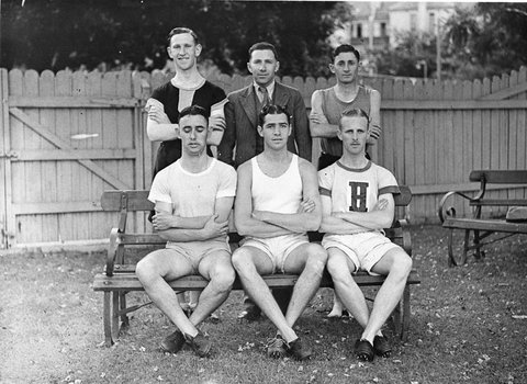 Five team members and their coach, 1930s