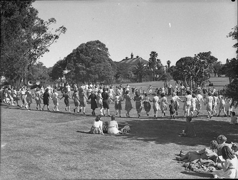Folk lore dancing Government House grounds, 1944