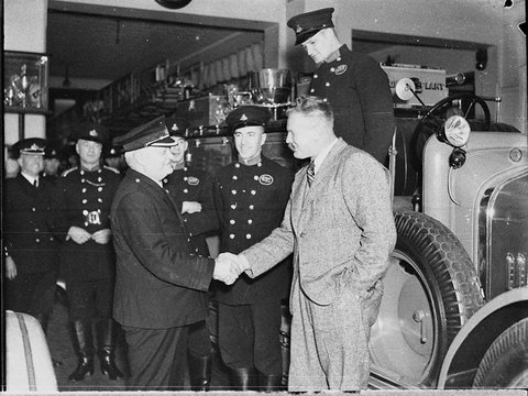 Fonsgren at fire station taken for Stadiums Ltd, 1937