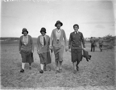 Four women golfers two on the right are Miss Odette Le Febre and Miss Joan Hammond, 1930s
