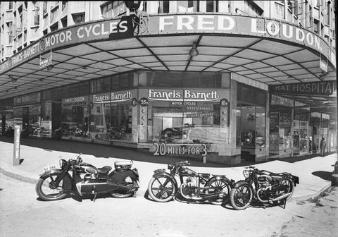 Fred Loudons motorcycle shop with Francis-Barnett motorcycles corner Elizabeth and Goulburn Street, 1938