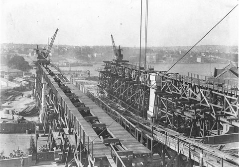Gantries erected to support the first steelwork of southern approaches, 1930–32