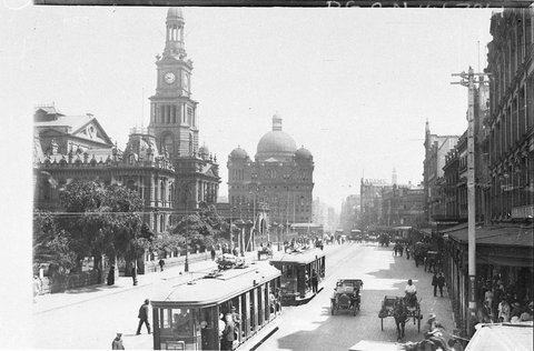 George Street looking north showing Town Hall and Queen Victoria Building, c. 1920