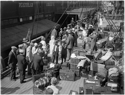 Gonsalez Opera Company and their luggage on the deck of their liner arriving in Sydney, 1928