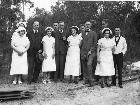 Governor and Premier with officials and nurses at the Railway Ambulance competition, 1934