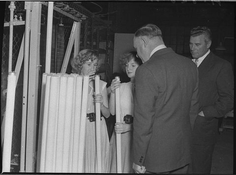 Governor Sir John Northcott with the manager of the Electric Lamp Works Mr B Vandenburg, 1955