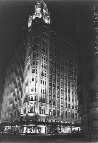 Grace Building corner York and King Streets illuminated, 1930s