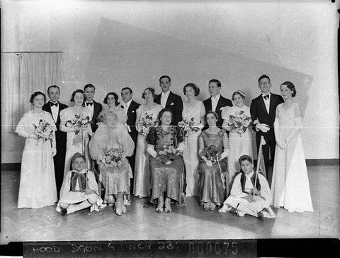 Greek Consuls wife Lady Mayoress debutantes with their escorts and two pageboys in Greek national dress Greek ball Blaxland Gallery, 1937