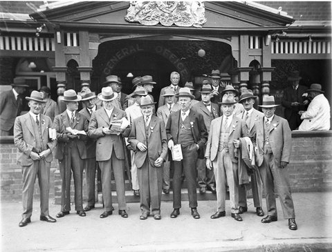 Group of cattle judges outside the RAS office at the Showground, 1925–57