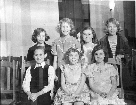 Group of seven girls about nine years old at the Eisteddfod, 1934