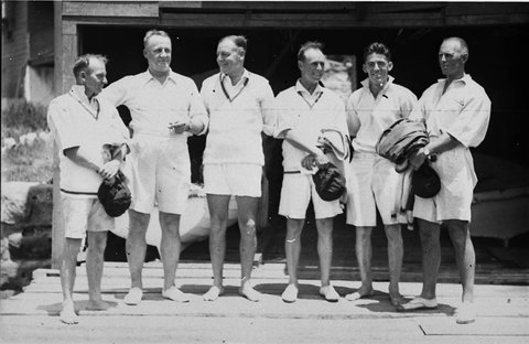 Group of six unidentified crewmen of oceangoing yacht, 1930s