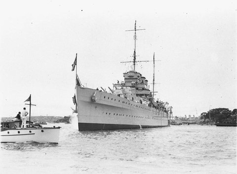 HMAS Australia funnels of HMAS Canberra in background at Gloucester arrival, 1934