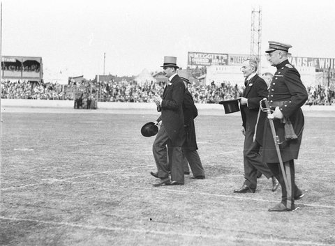HRH Prince Henry followed by an unidentified VIP and Governor General Sir Isaac Isaacs in the ring, 1934