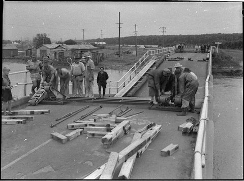 Ironbark Creek Bridge collapsed at Sandgate on the Pacific Highway, 1956