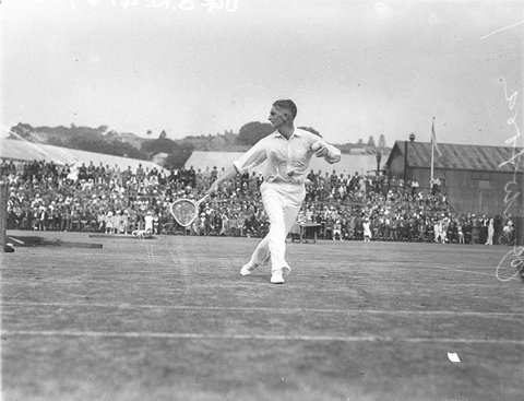 Jack Crawford in action centre court White City, c. 1930