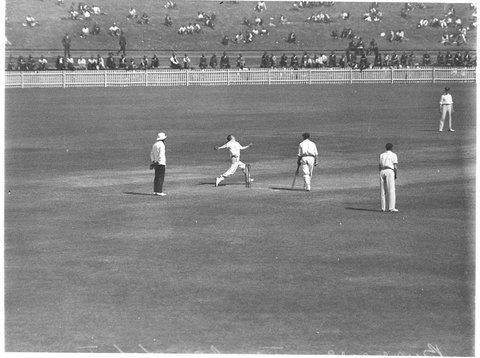 Joel and Facy with Burrows bowling, 1930s