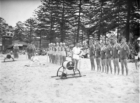 Judging the R and R teams at a surf carnival Manly, 1929