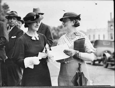 Justices of the Peace sworn in Two women holding papers outside Court of Quarter Sessions, 1935