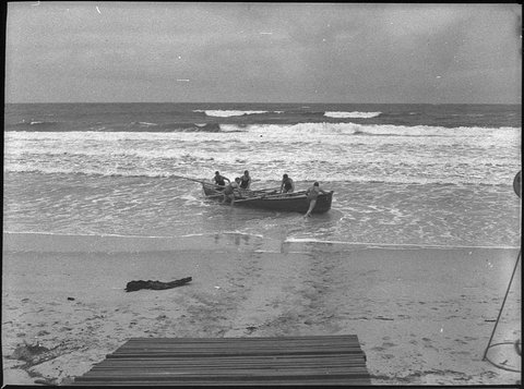 Launching new Stockton surf boat Up and Atom, 1952