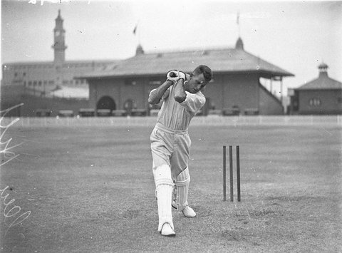 Left handed batsman at practice probably New South Wales player Clement John Clem Hill, c. 1932