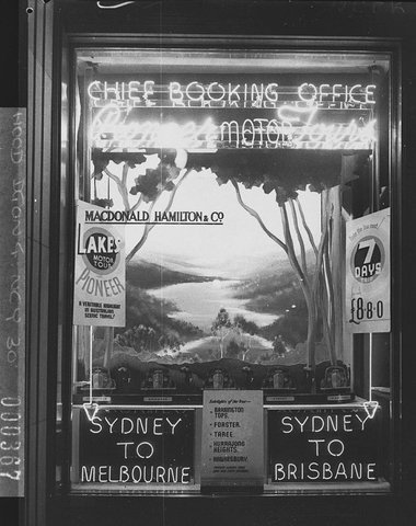 Macdonald Hamilton Cos window display Pioneer Motor Tours SydneyMelbourne or Sydney to Brisbane 7 days 8 pounds 8 shillings taken for Metropolitan Art Studios, 1939