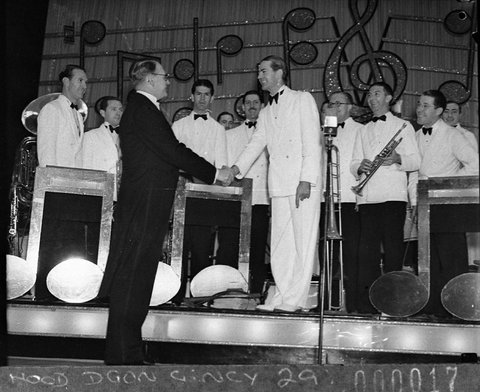 Manager band leader Dudley Cantrell and dance band Grace Bros Auditorium, 1937