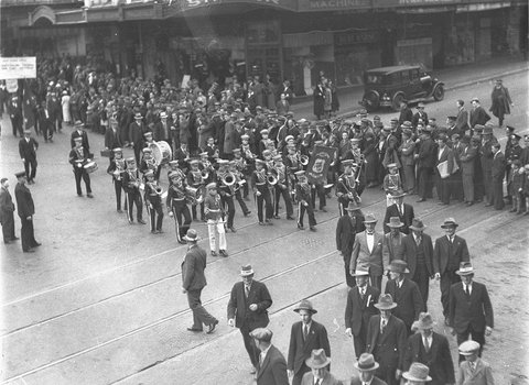 March of Labor rally turning from Park into Elizabeth Street, 1930s