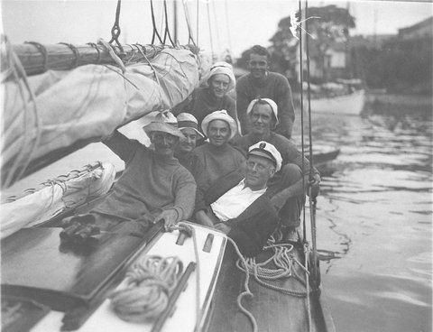 Maxiyacht closeup of the seven crew in the cockpit, 1929