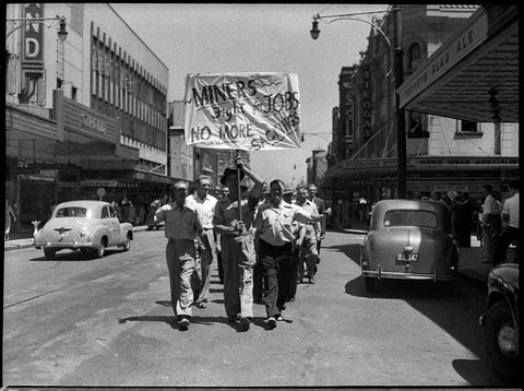 Miners marching in Hunter Street Newcastle in protest against dismissals, 1953