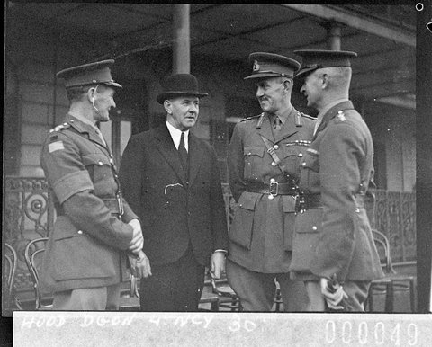 Minister for Defence talks with three senior officers Officers School group, 1938